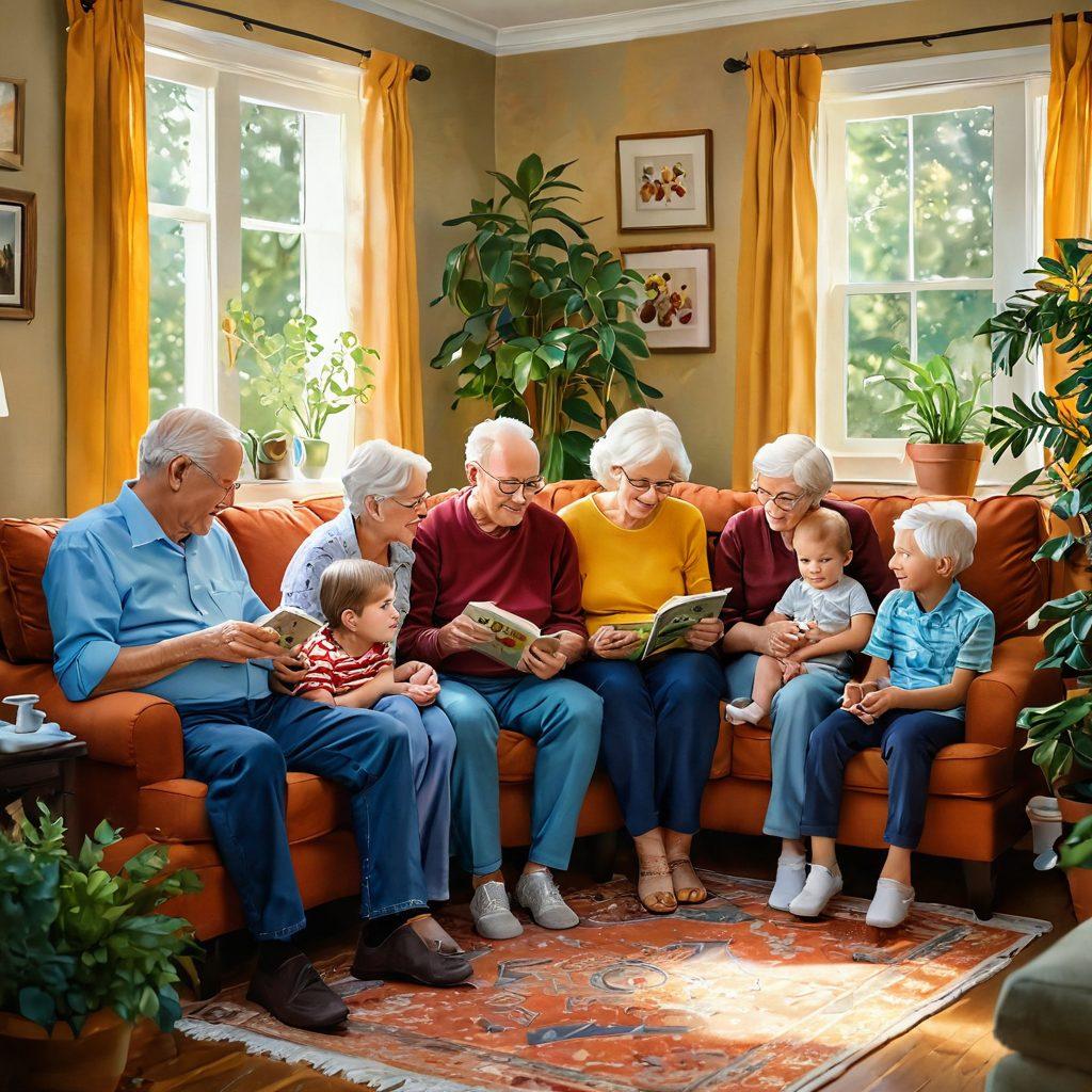 A warm family scene showcasing multiple generations, including grandparents, parents, and children, engaging in a joyful activity like storytelling or playing games in a cozy living room filled with personal mementos. Vivid expressions of love and connection highlight the intergenerational bond, surrounded by nurturing elements like plants and soft lighting. A sense of togetherness and support radiates from the image. painting. warm colors. cozy atmosphere.