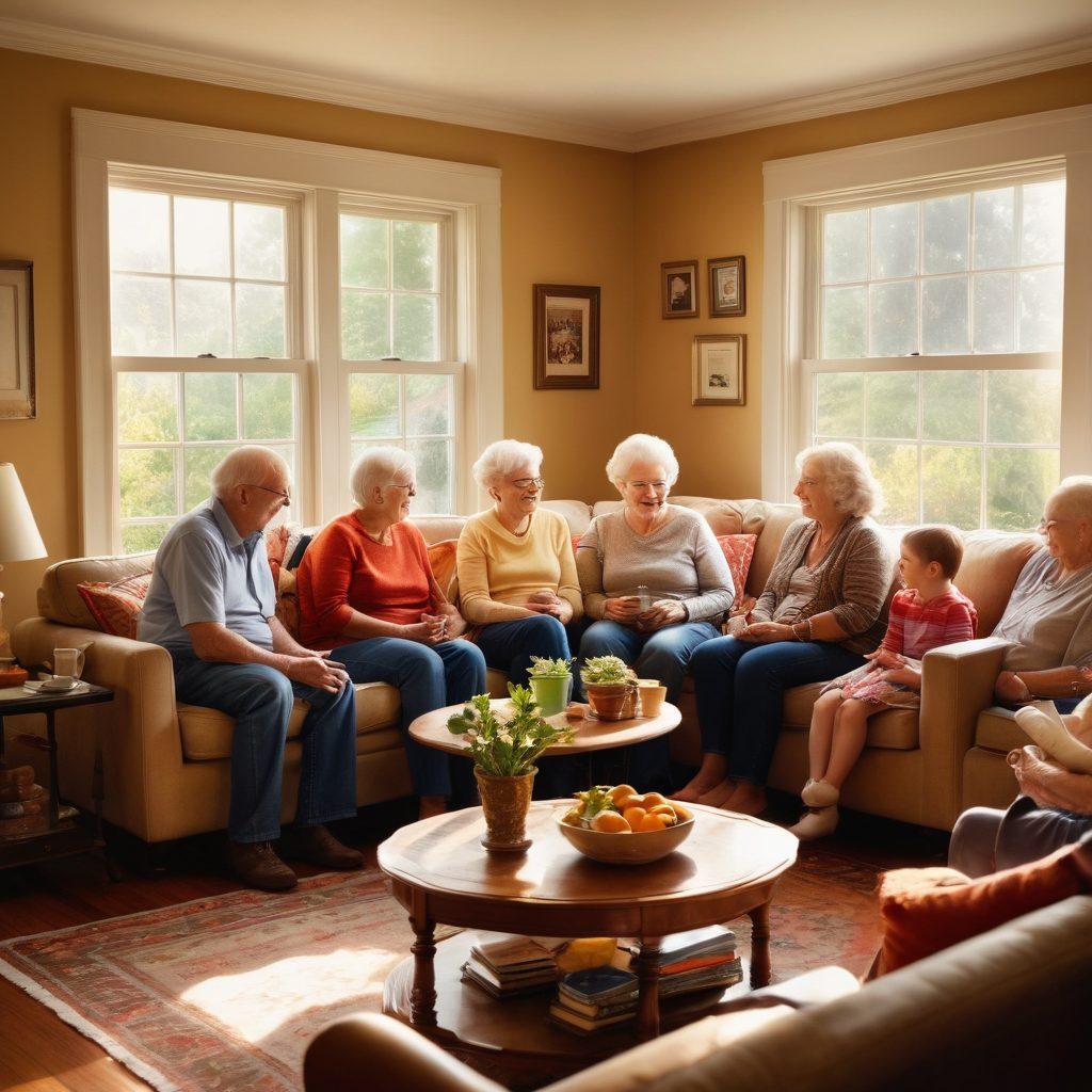 A warm and inviting scene of a multi-generational family gathering in a cozy living room, with grandparents sharing stories with grandkids, surrounded by nostalgic family photos and heirlooms. A soft glow of sunlight streaming through a window, highlighting the joy and connection among them. Include vibrant colors to evoke a sense of love and legacy. super-realistic. vibrant colors.