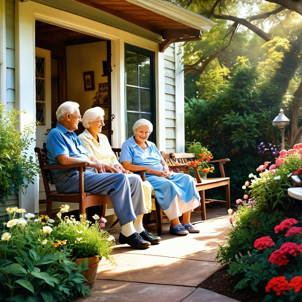 A warm and inviting scene depicting an elderly couple sitting on a porch surrounded by their grandchildren, sharing stories and laughter. The background shows a beautiful garden filled with blooming flowers and family heirlooms, symbolizing tradition and legacy. Soft sunlight filters through the trees, creating a nostalgic ambiance that reflects love and wisdom. Illustrate heartfelt connections and the passing of values across generations. super-realistic. vibrant colors.